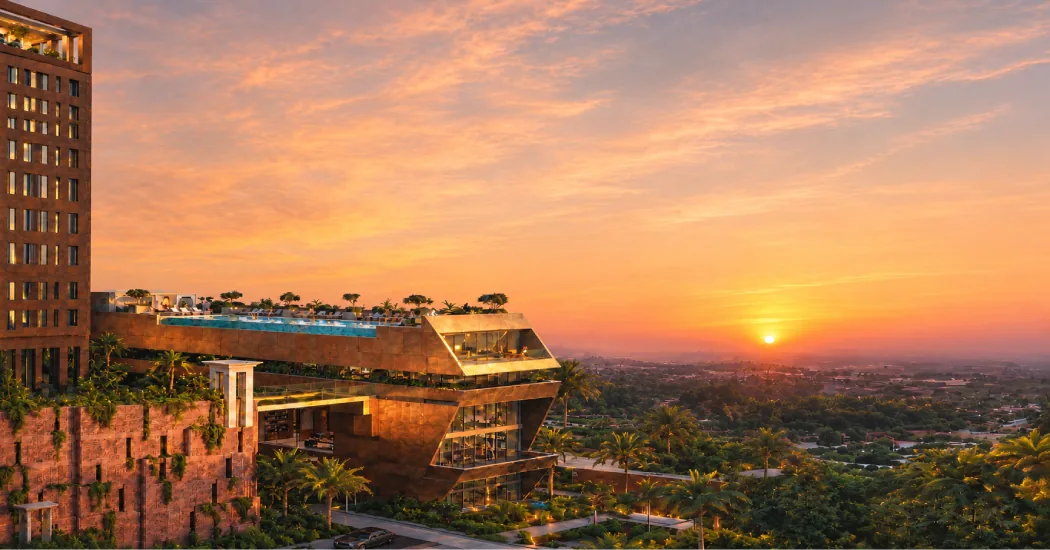 Brigade Barcelona — aerial view of the five-level clubhouse at sunset, Neopolis, Kokapet