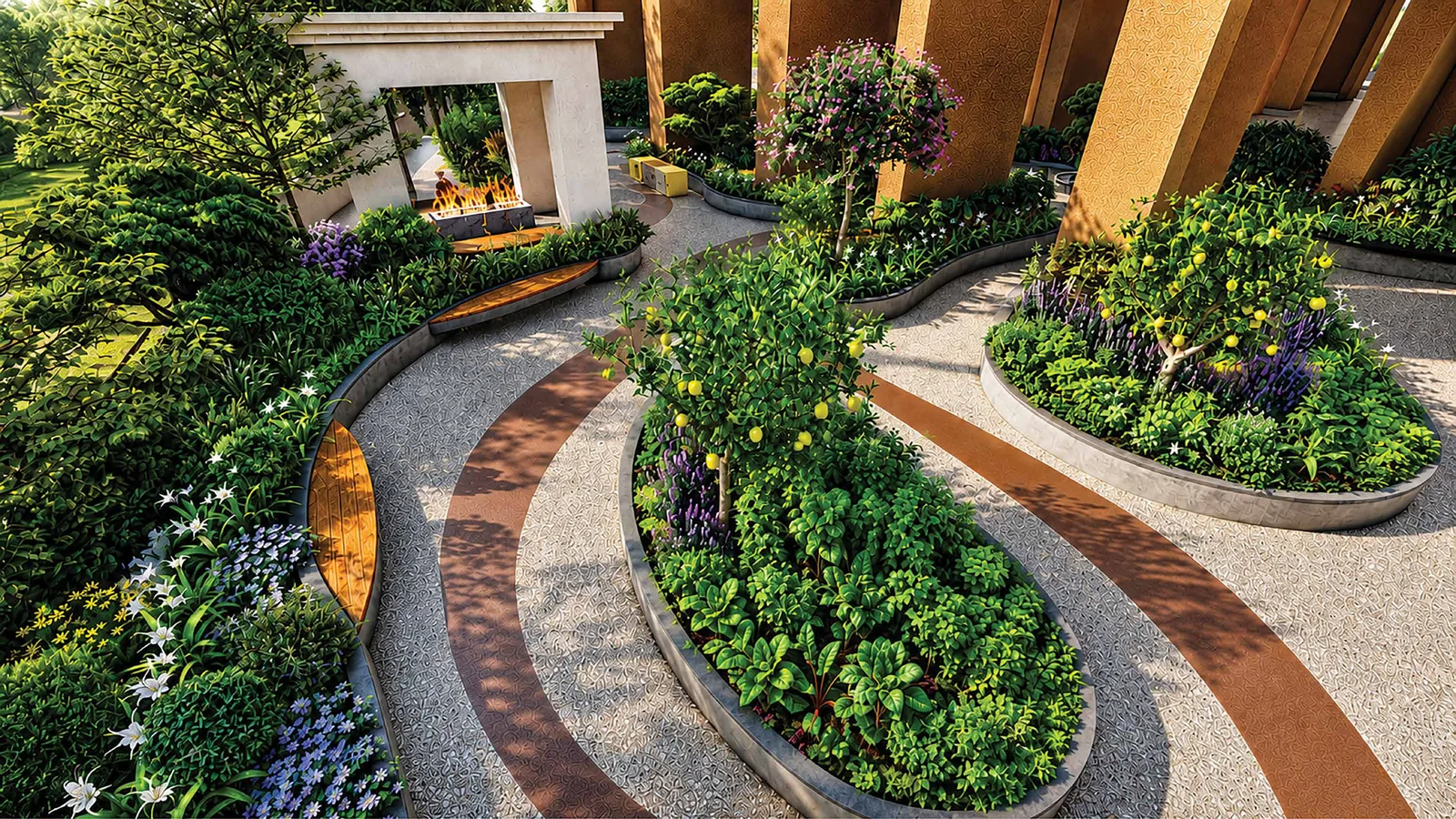 Brigade Barcelona — landscaped eco-deck garden paths and seating above the parking podium