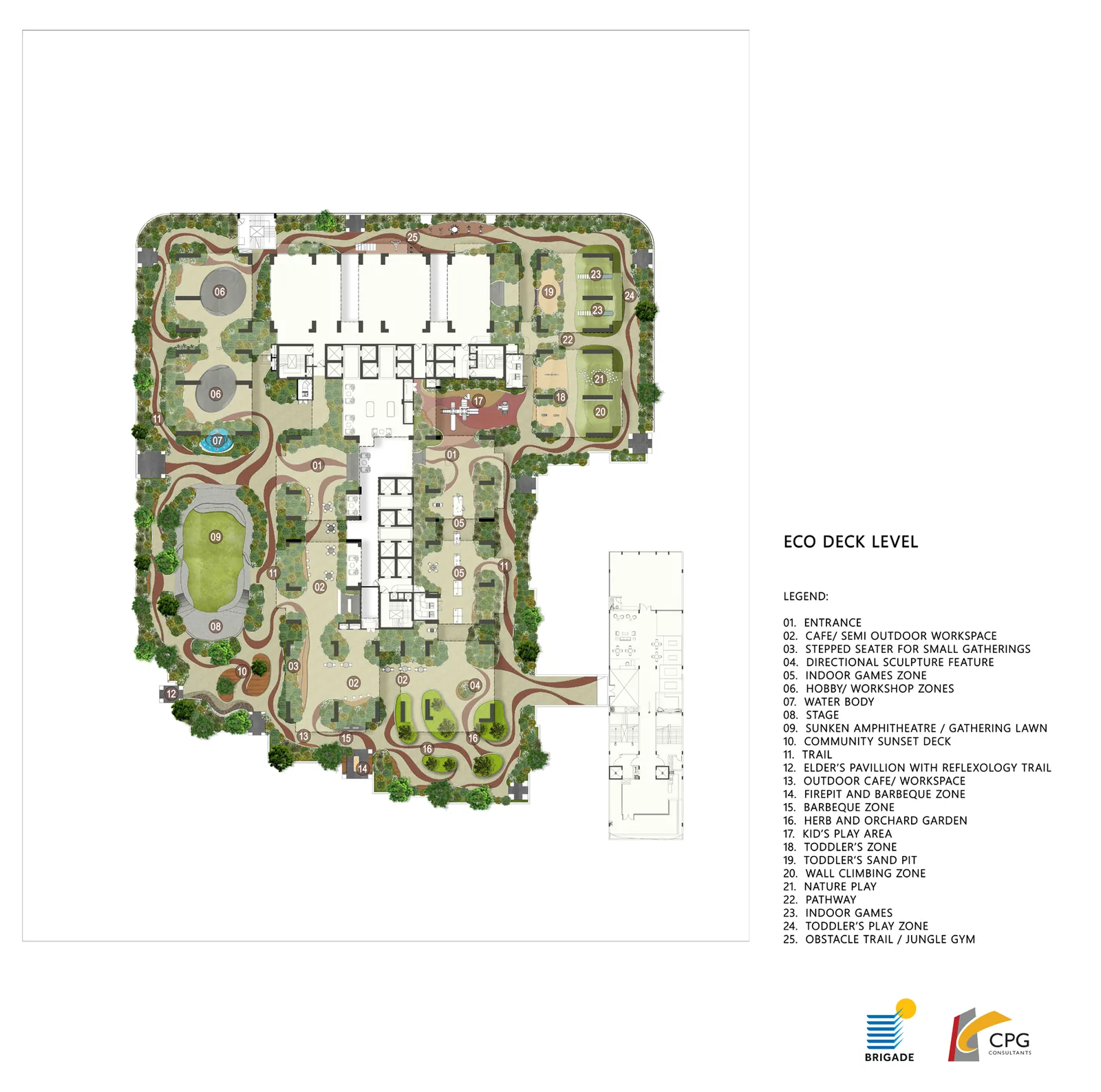 Brigade Barcelona eco-deck level plan with legend — jogging track, tennis and pickleball courts, basketball practice court and pet park