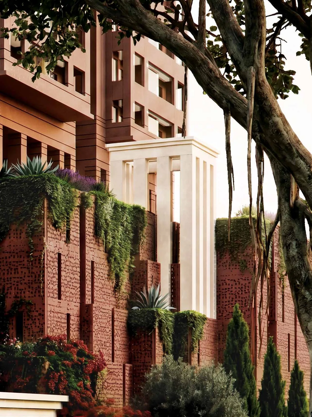 Brigade Barcelona — entrance and podium detail with brick arches, mature trees and the generous setbacks from the plot boundary