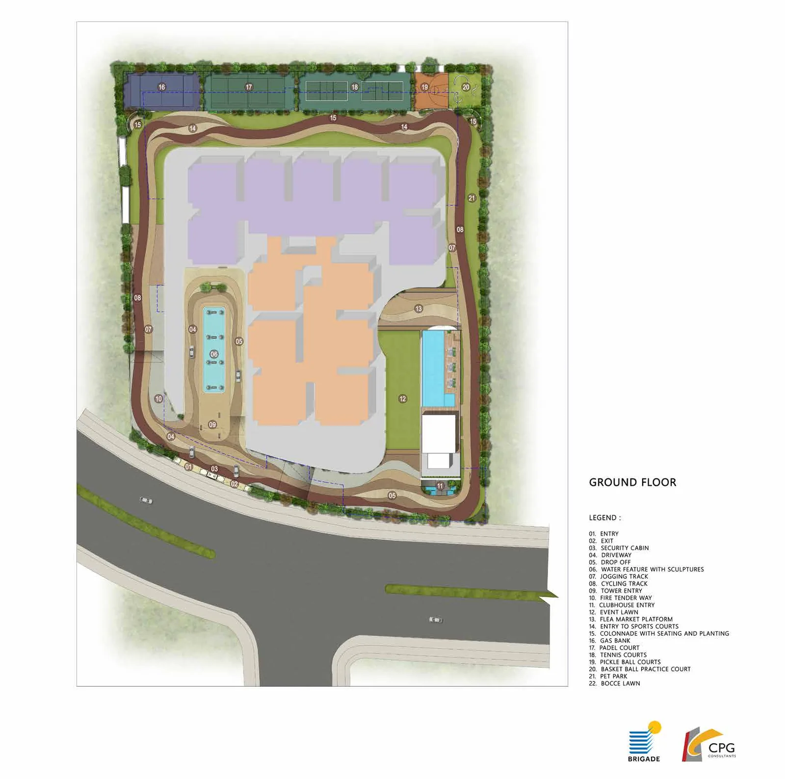 Brigade Barcelona ground floor site plan — the tower footprint, drop-off and podium edge on Neopolis Plot 20