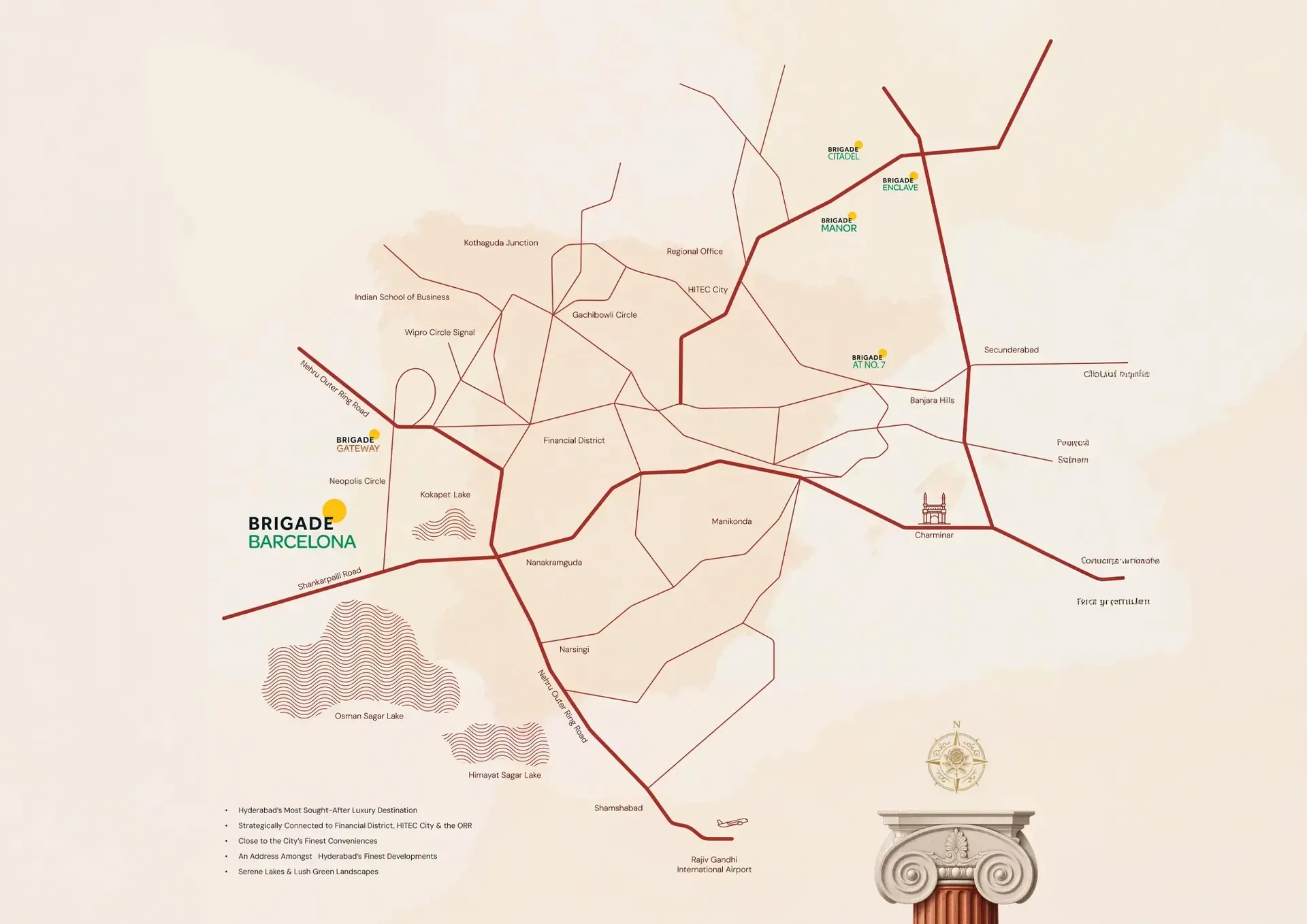 Brigade Barcelona official location map — Neopolis, Kokapet, with the Outer Ring Road, Financial District, Gachibowli and the airport road