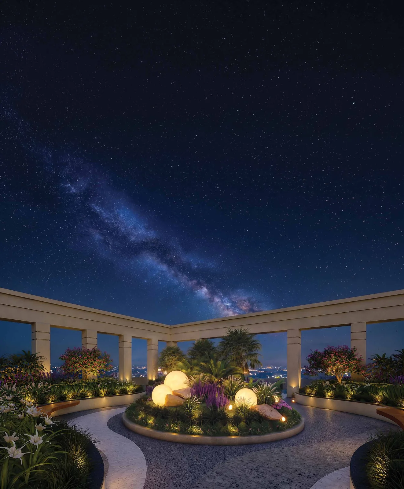 Brigade Barcelona — rooftop skywalk at night with pergola columns and lit sculptures