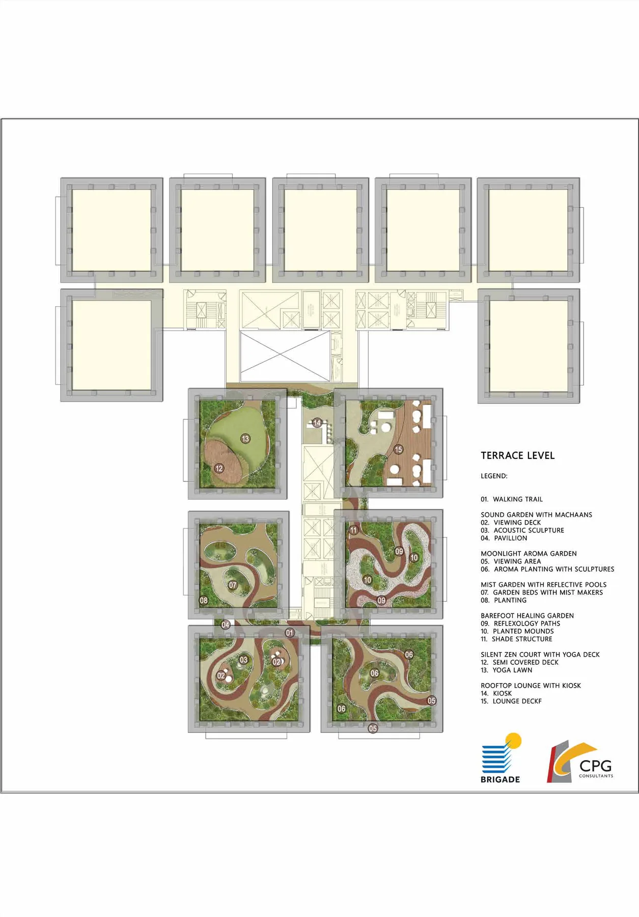 Brigade Barcelona rooftop skywalk level plan with legend — the dedicated wellness zones on the terrace level
