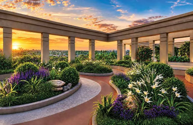 Brigade Barcelona — rooftop skywalk colonnade and gardens at sunset, the dedicated wellness zones