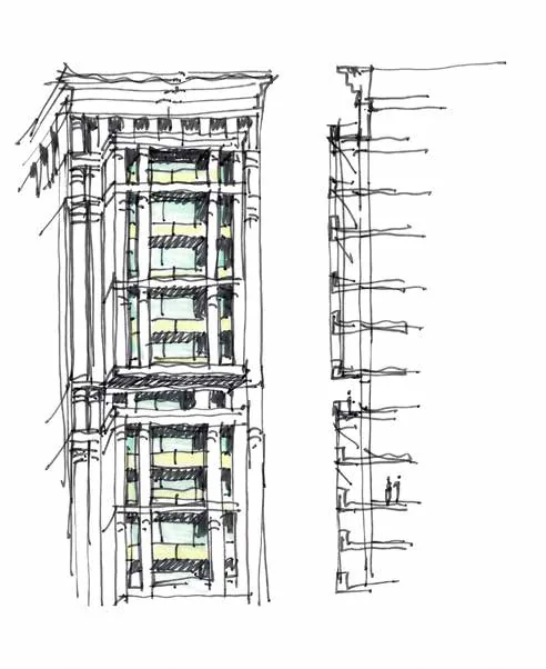Brigade Barcelona — the architect's pencil elevation sketch of the single lake-facing tower