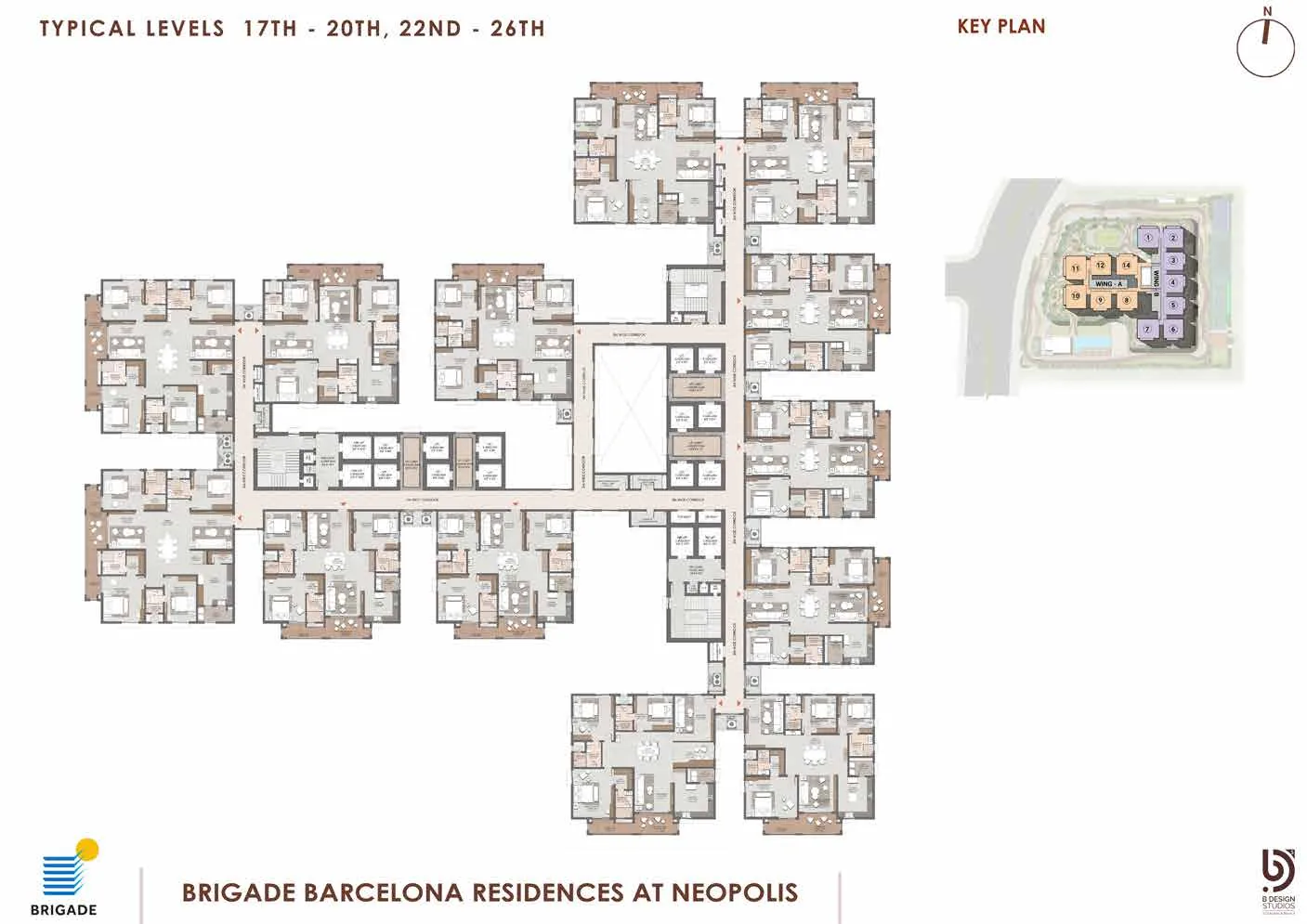Brigade Barcelona typical floor plate — levels 17 to 20 and 22 to 26, Wing A and Wing B units with key plan