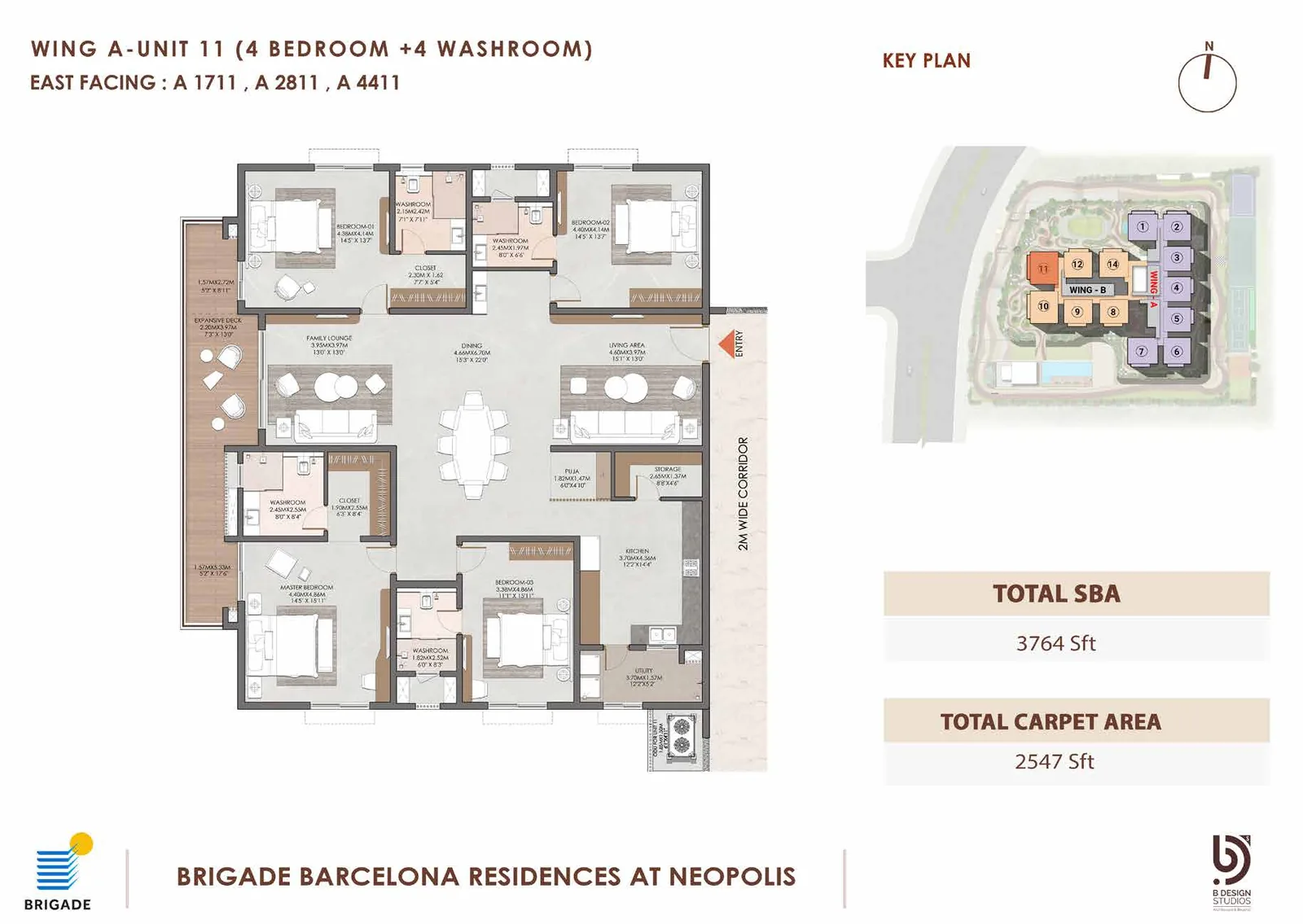 Brigade Barcelona floor plan — Wing A Unit 11, 4 Bed + 4 Wash, East facing, 3,764 sq ft super built-up, 2,547 sq ft carpet