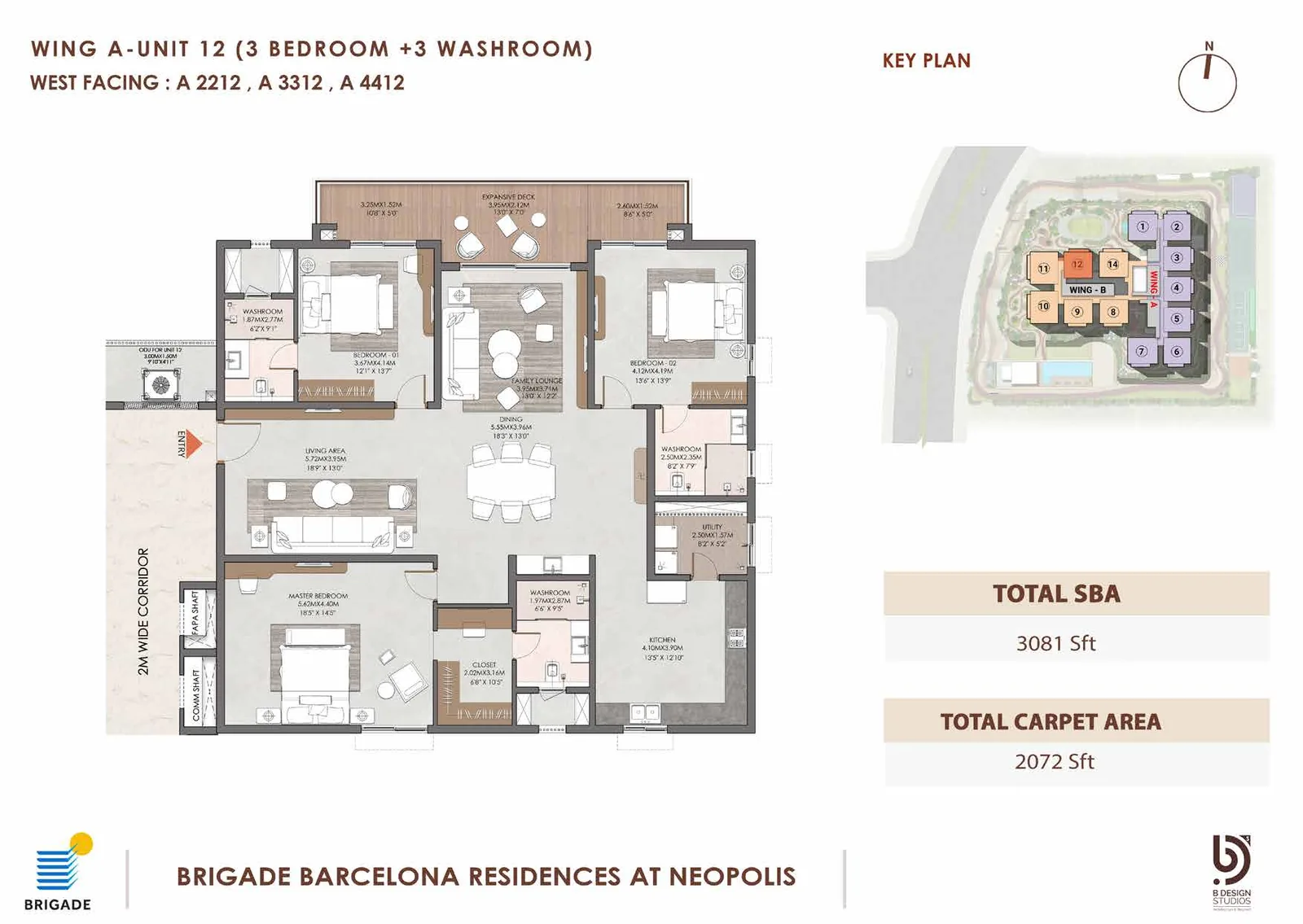 Brigade Barcelona floor plan — Wing A Unit 12, 3 Bed + 3 Wash, West facing, 3,081 sq ft super built-up, 2,072 sq ft carpet