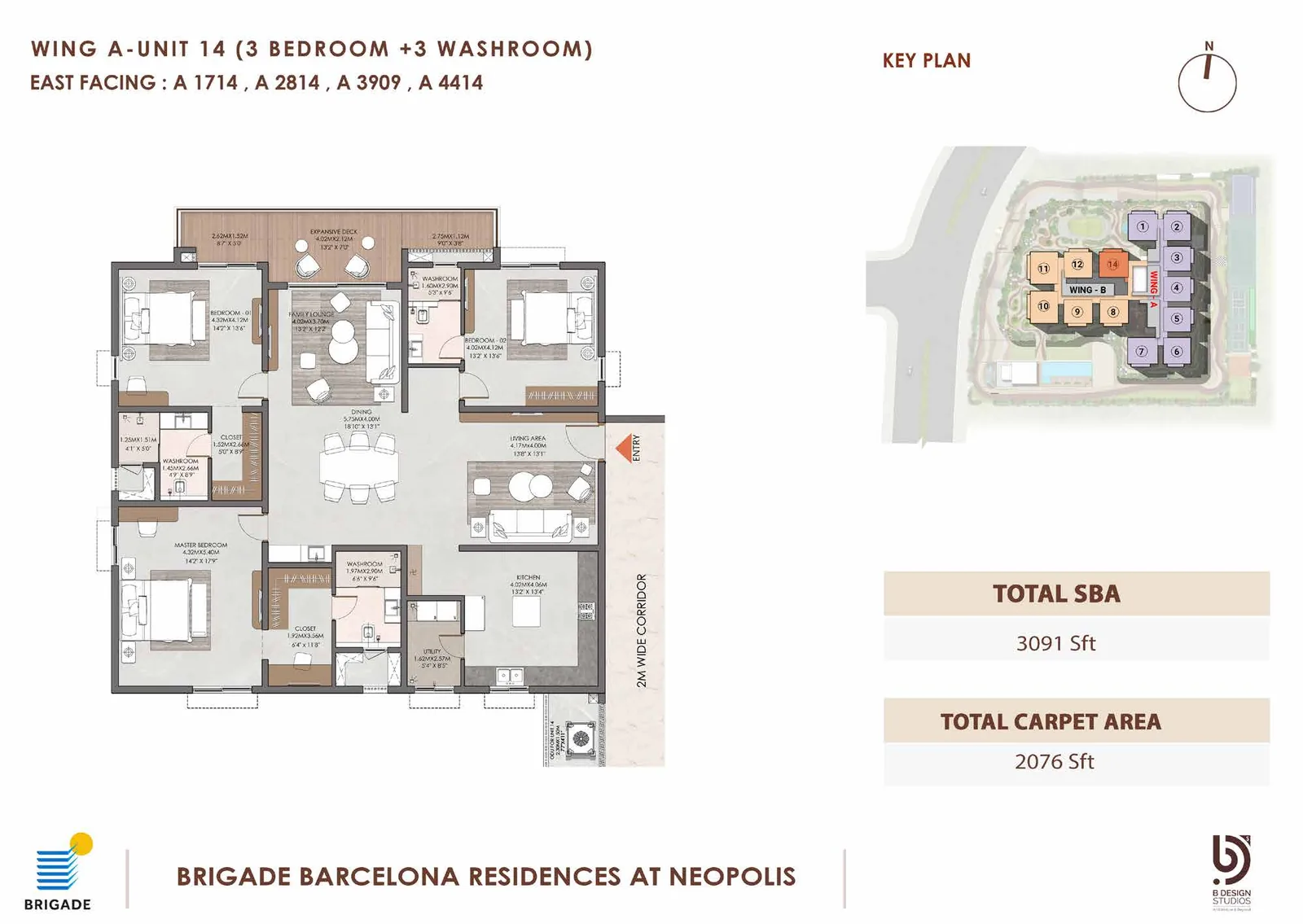 Brigade Barcelona 3 Bed floor plan — Wing A Unit 14, 3,091 sq ft super built-up, East facing