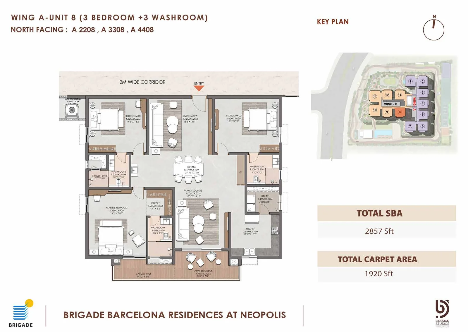 Brigade Barcelona floor plan — Wing A Unit 8, 3 Bed + 3 Wash, North facing, 2,857 sq ft super built-up, 1,920 sq ft carpet