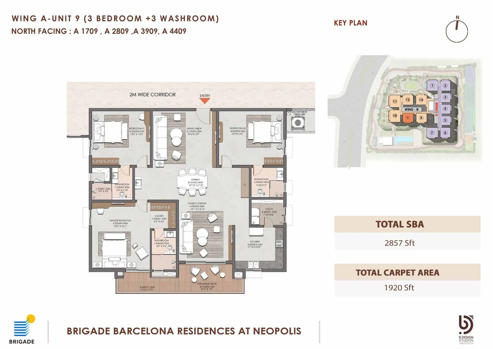 Brigade Barcelona floor plan — Wing A Unit 9, 3 Bed + 3 Wash, North facing, 2,857 sq ft super built-up, 1,920 sq ft carpet