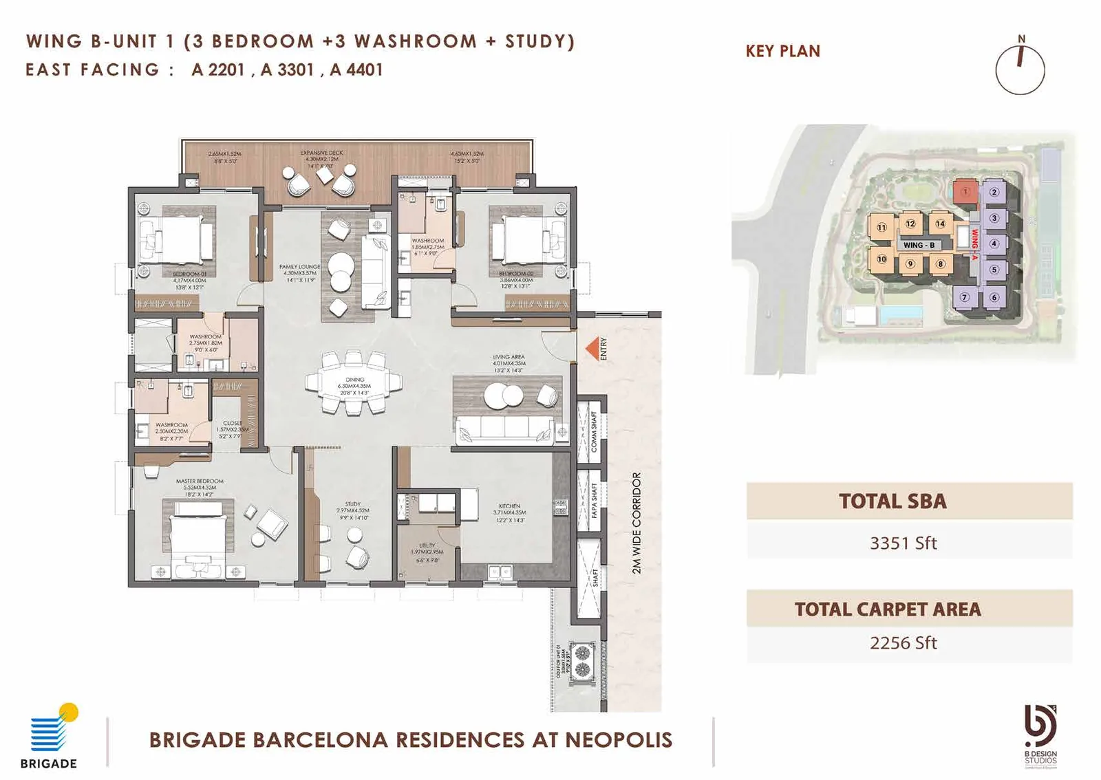 Brigade Barcelona 3 Bed + Study floor plan — Wing B Unit 1, 3,351 sq ft super built-up, East facing