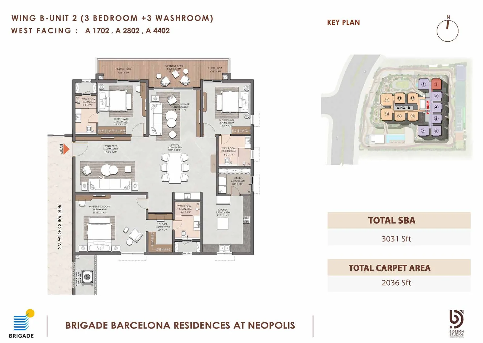 Brigade Barcelona floor plan — Wing B Unit 2, 3 Bed + 3 Wash, West facing, 3,031 sq ft super built-up, 2,036 sq ft carpet