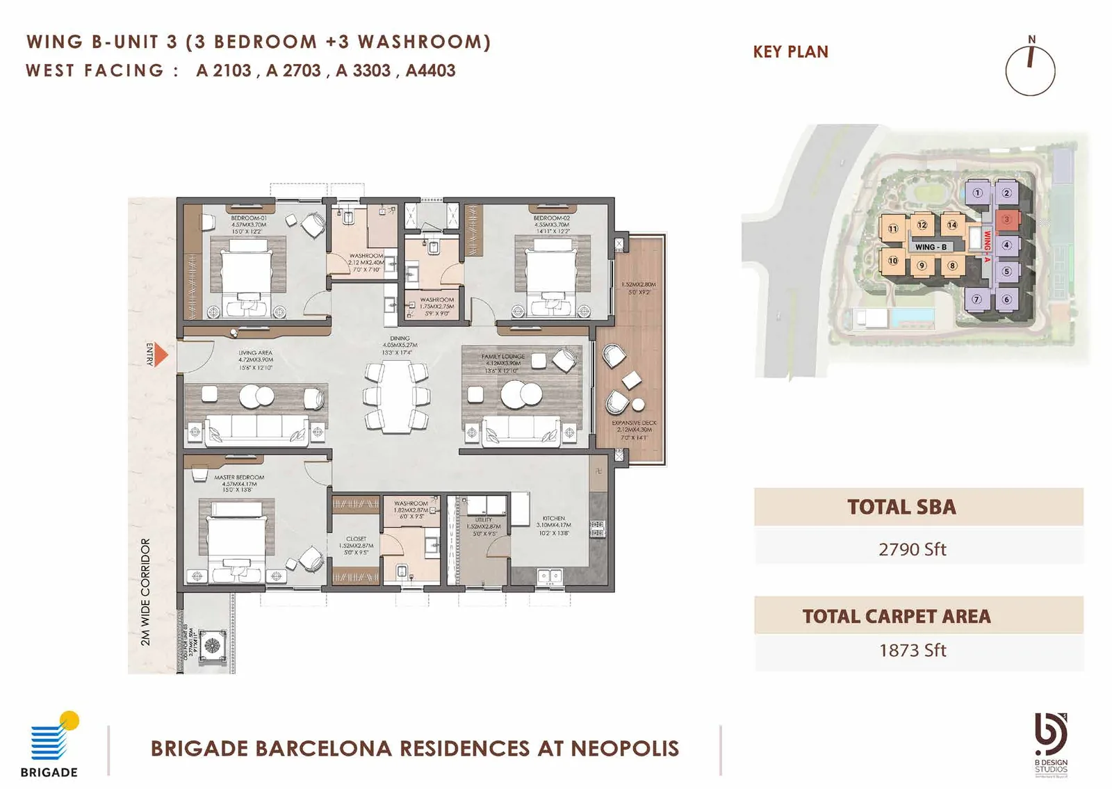 Brigade Barcelona 3 Bed floor plan — Wing B Unit 3, 2,790 sq ft super built-up, West facing