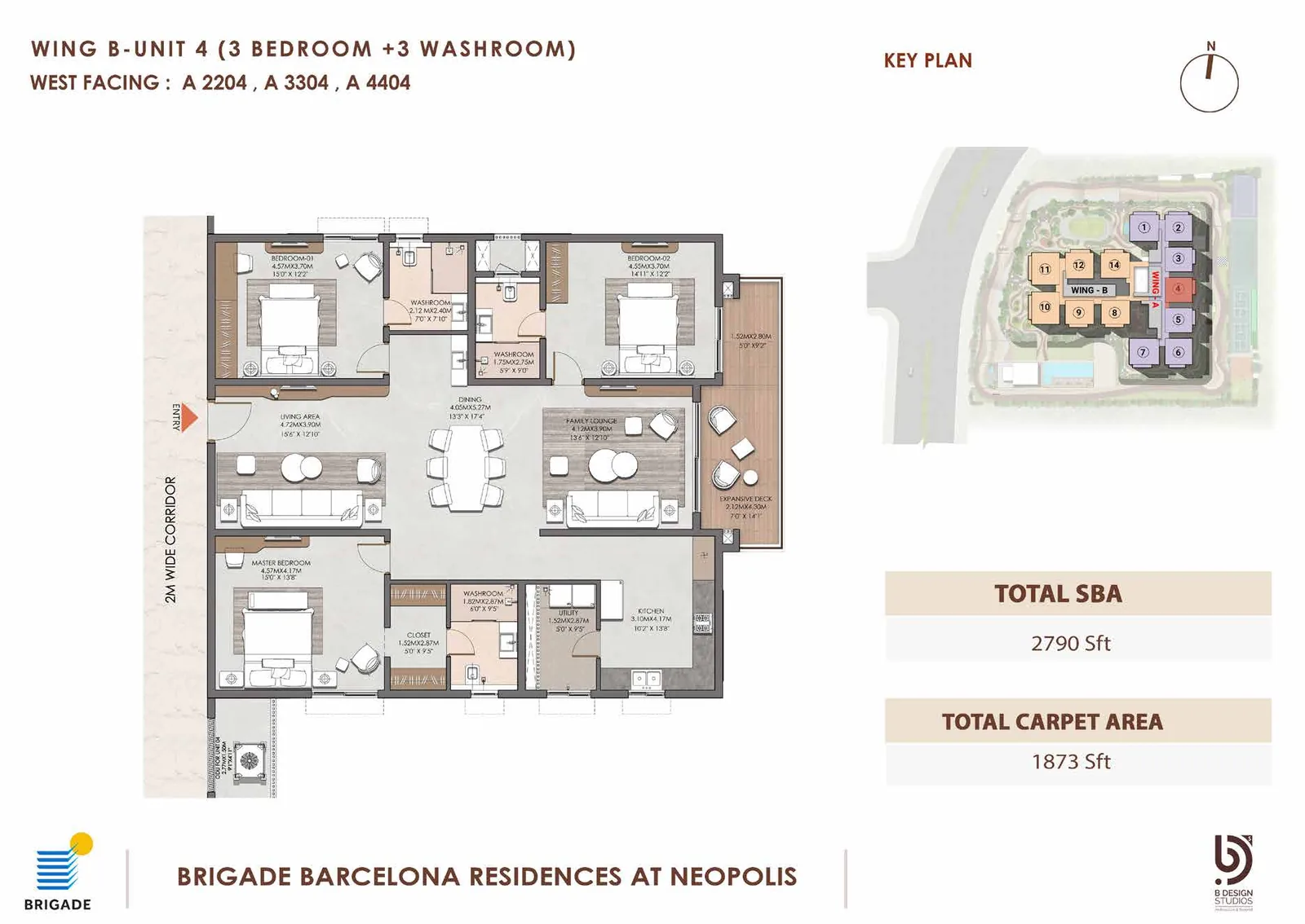 Brigade Barcelona floor plan — Wing B Unit 4, 3 Bed + 3 Wash, West facing, 2,790 sq ft super built-up, 1,873 sq ft carpet