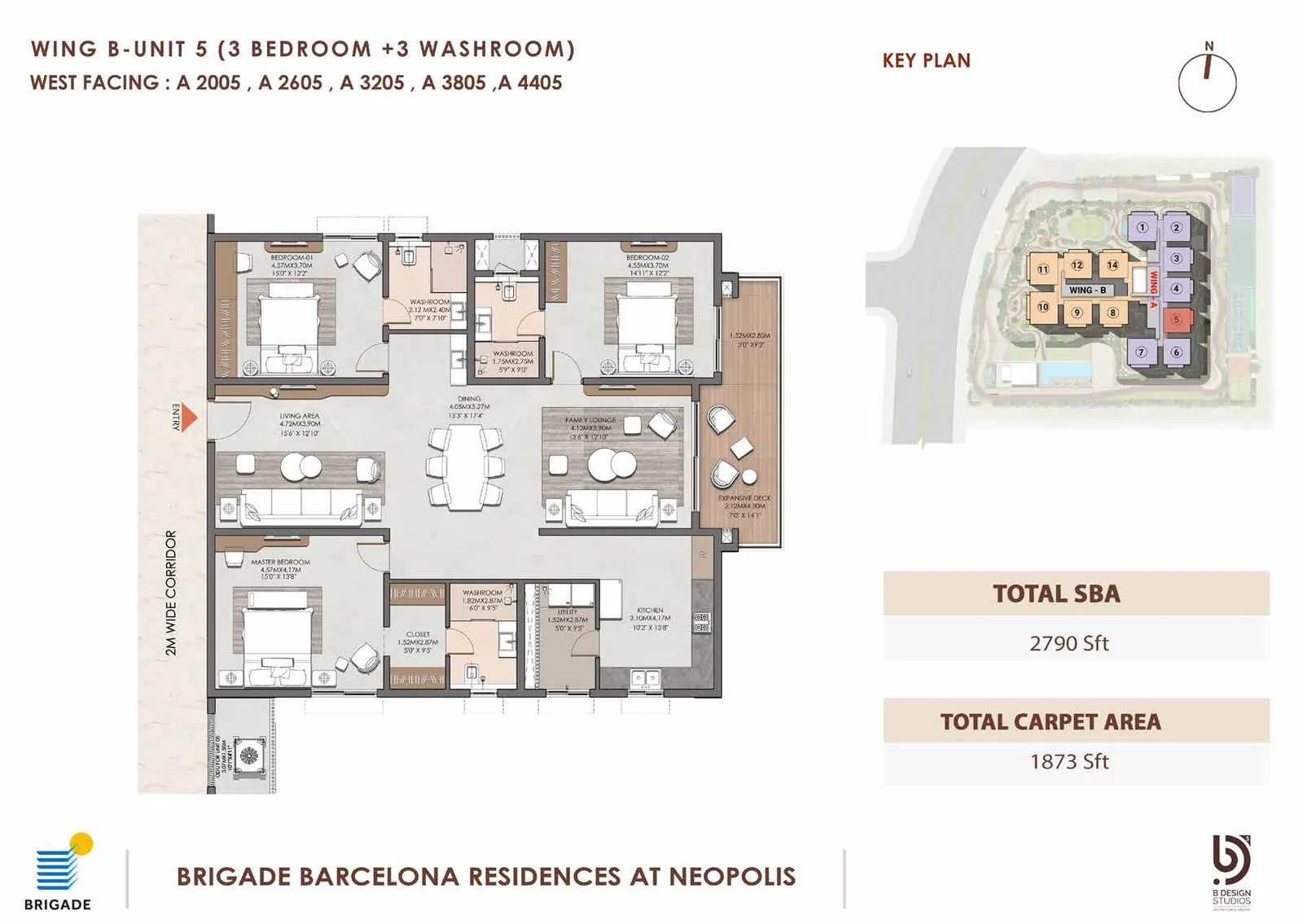 Brigade Barcelona floor plan — Wing B Unit 5, 3 Bed + 3 Wash, West facing, 2,790 sq ft super built-up, 1,873 sq ft carpet