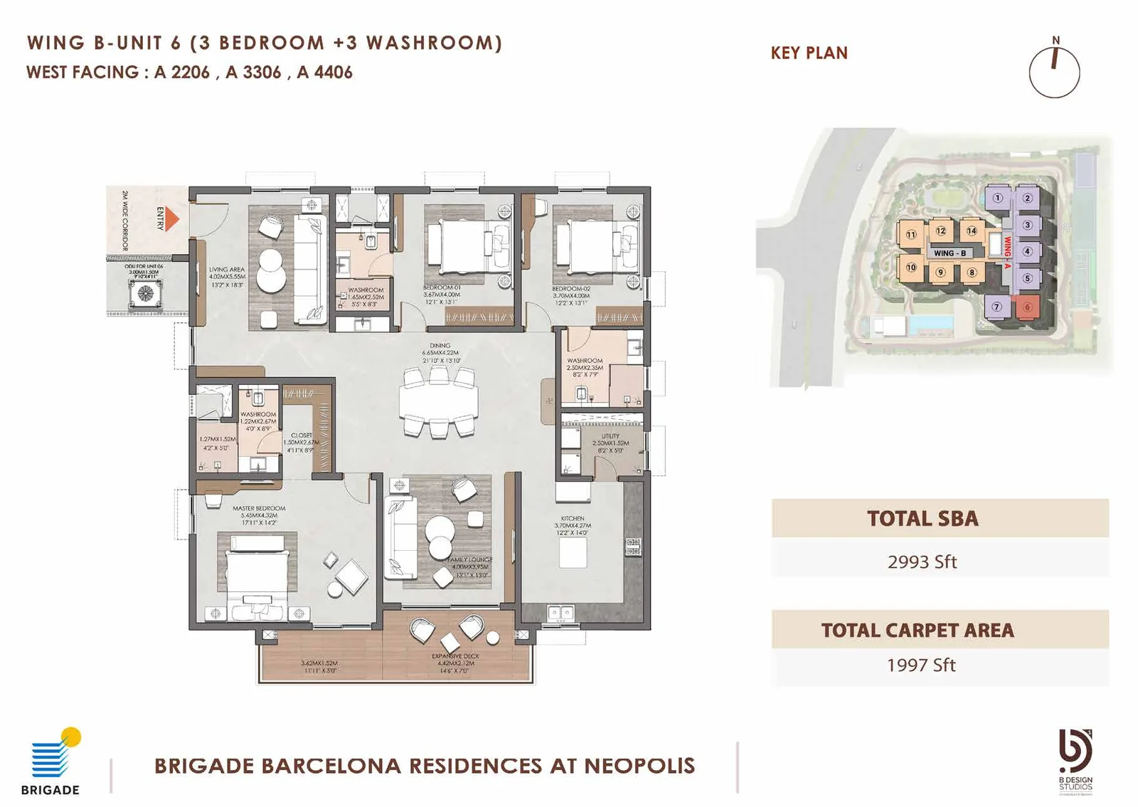 Brigade Barcelona floor plan — Wing B Unit 6, 3 Bed + 3 Wash, West facing, 2,993 sq ft super built-up, 1,997 sq ft carpet