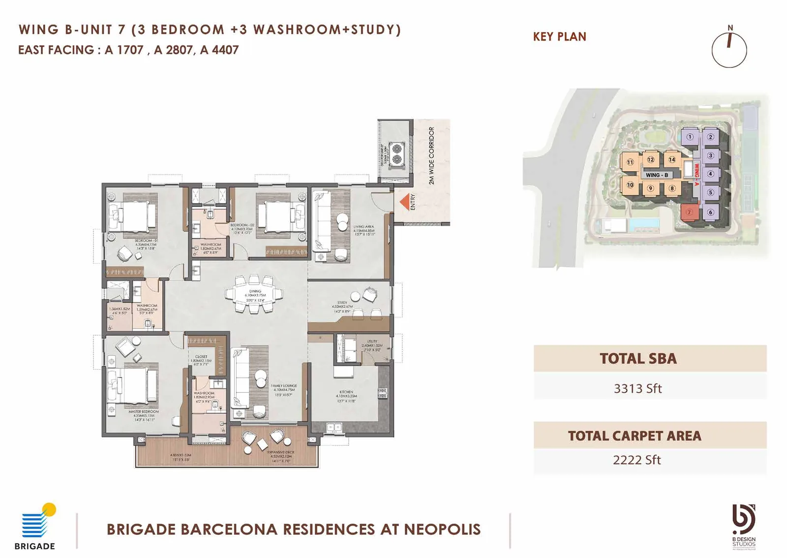 Brigade Barcelona floor plan — Wing B Unit 7, 3 Bed + 3 Wash + Study, East facing, 3,313 sq ft super built-up, 2,222 sq ft carpet